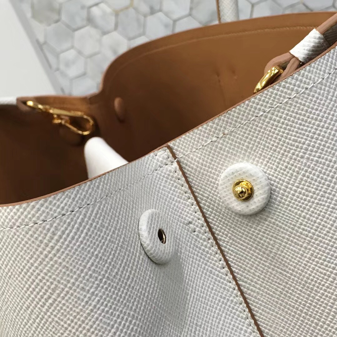 Pra*a Saffiano Cuir Small Double Leather Bag in White with Brown