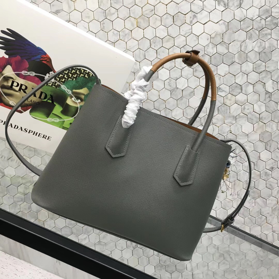Pra*a Saffiano Cuir Small Double Leather Bag in Gray