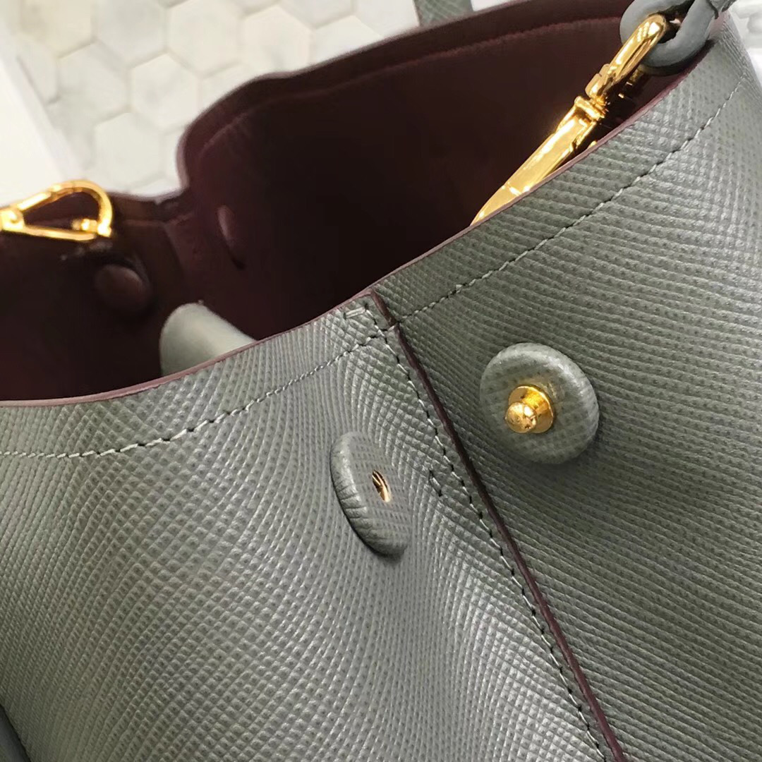 Pra*a Saffiano Cuir Small Double Leather Bag in Gray with red