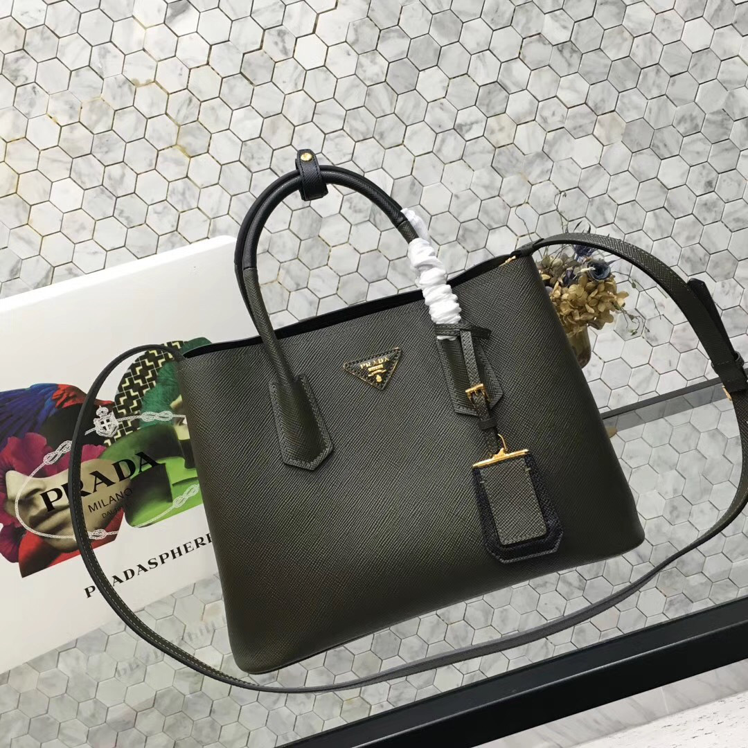 Pra*a Saffiano Cuir Small Double Leather Bag in Dark Green