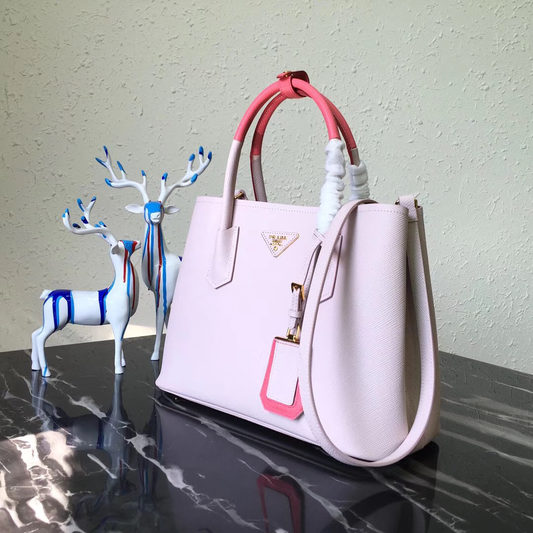 Pra*a Saffiano Cuir Small Double Leather Bag in Light Pink