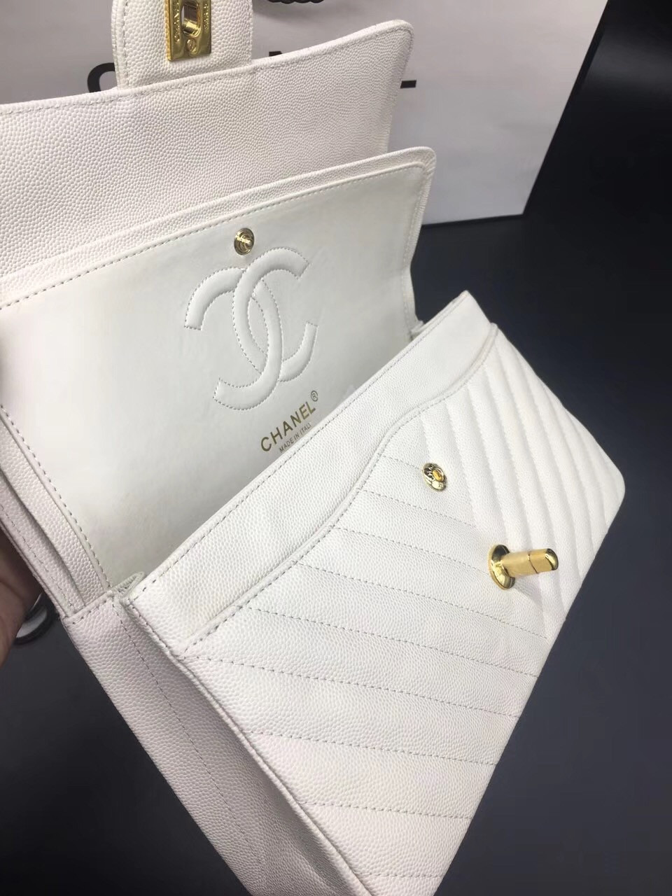 Ch**el Flap Bag Caviar White Bag 25cm with Gold Hardware