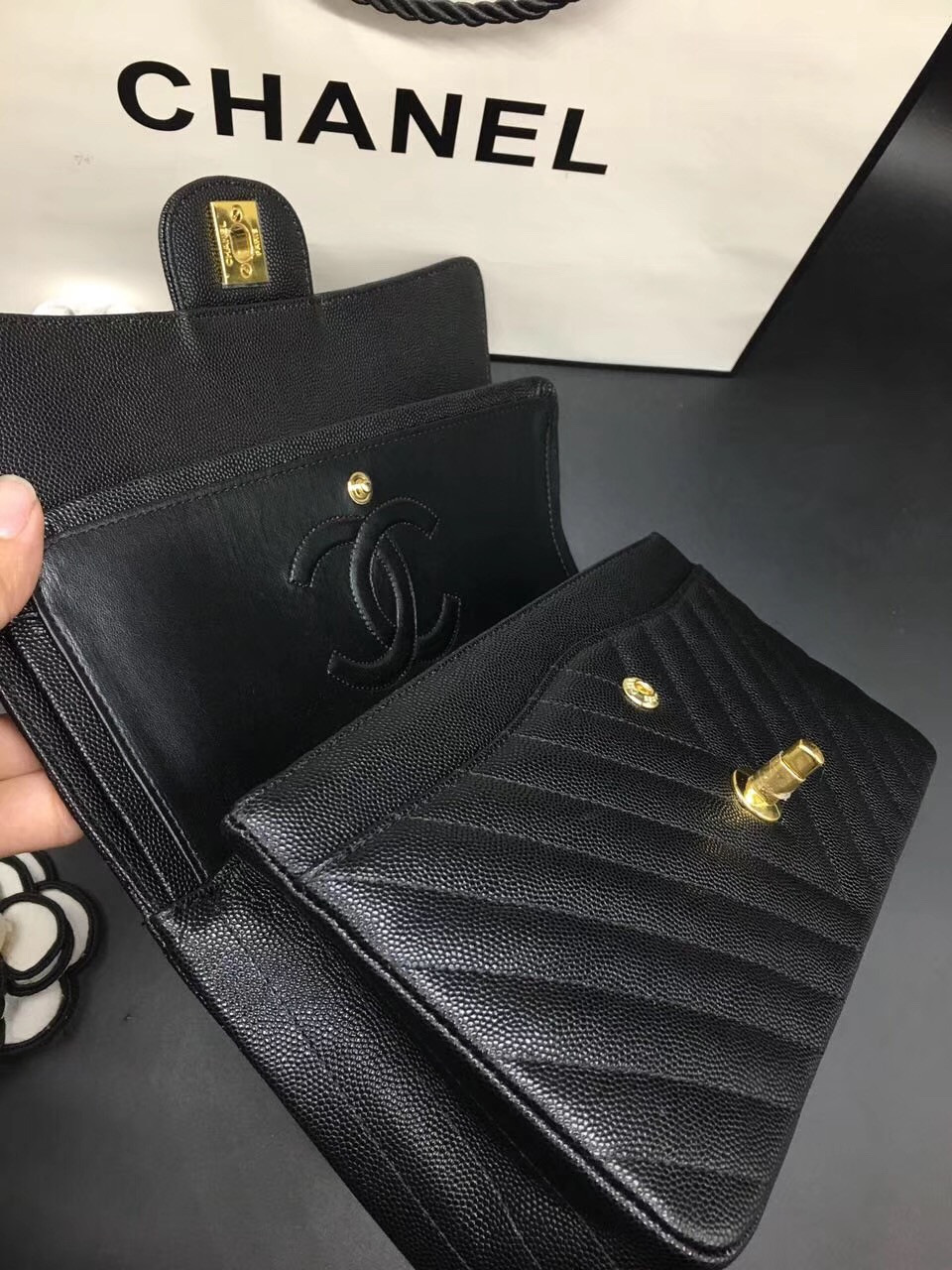 Ch**el Flap Bag Caviar Black Bag 25cm with Gold Hardware