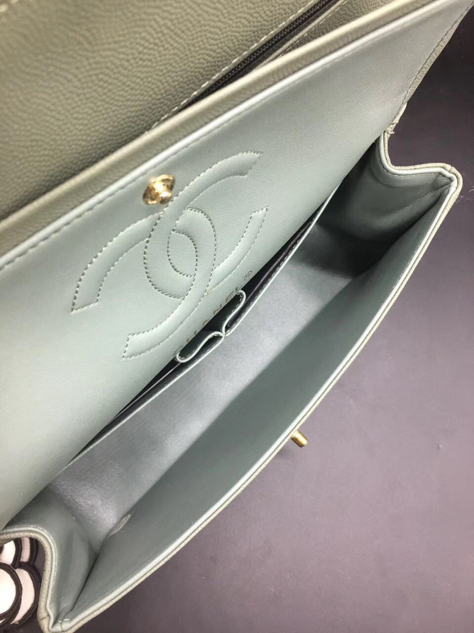 Ch**el Flap Bag Caviar Light Green Bag 25cm with Gold Hardware