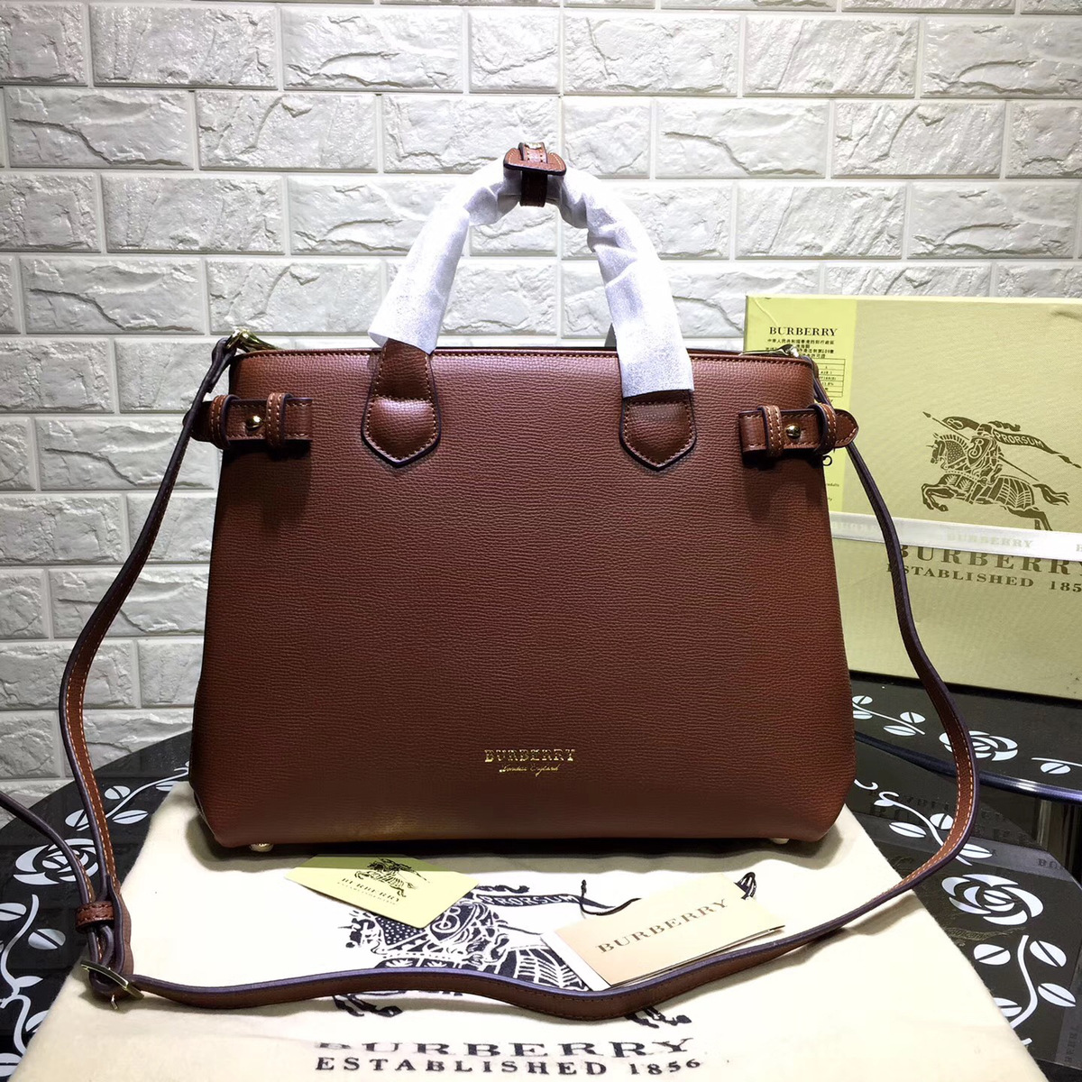 Bv*b*rry Classic Leather Tote Bag with Brown