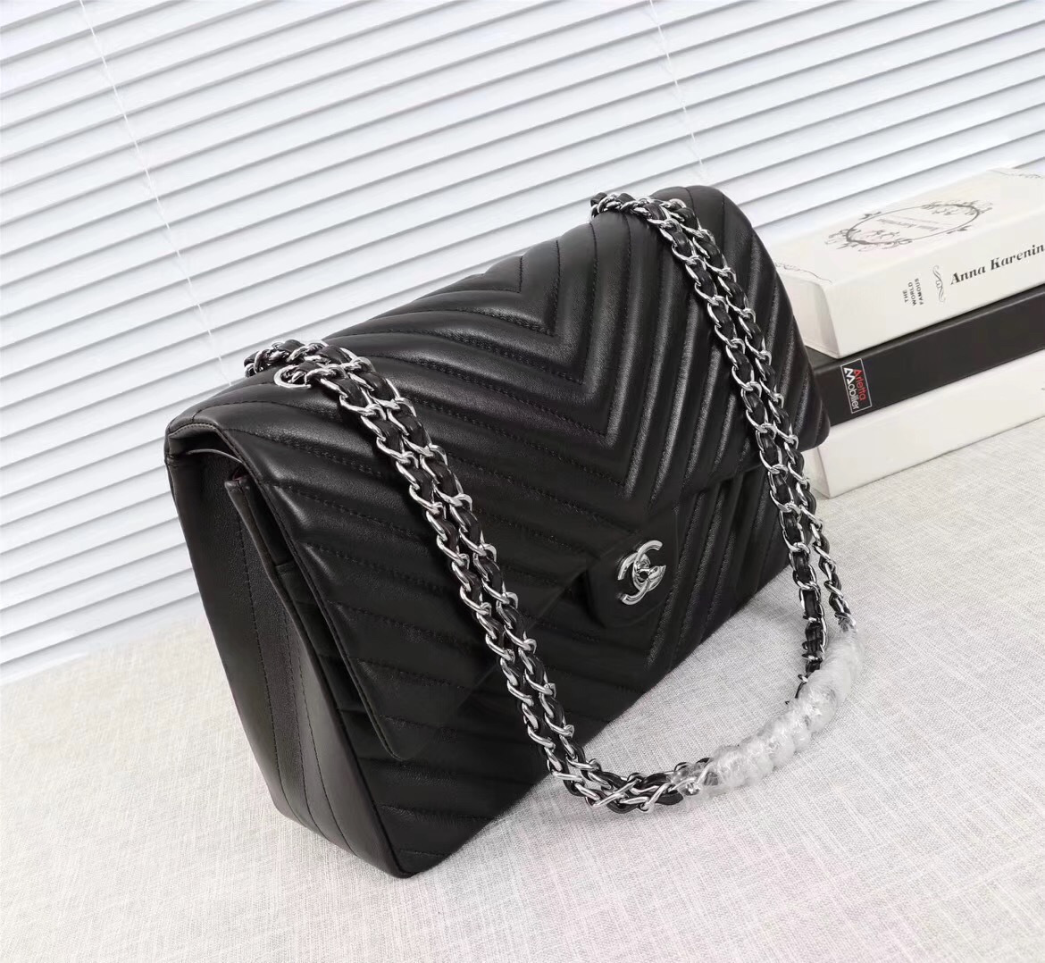 Ch**el original lambskin double flap bag black 30cm with Silver hardware