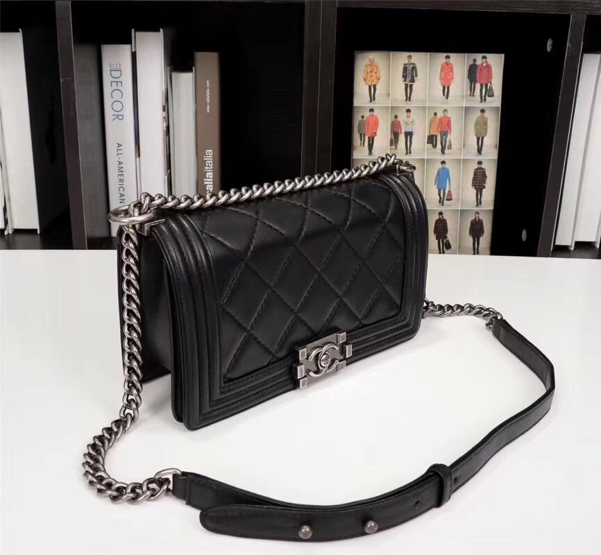 Ch**el Boy Bag Lambskin Leather in Black with silver hardware