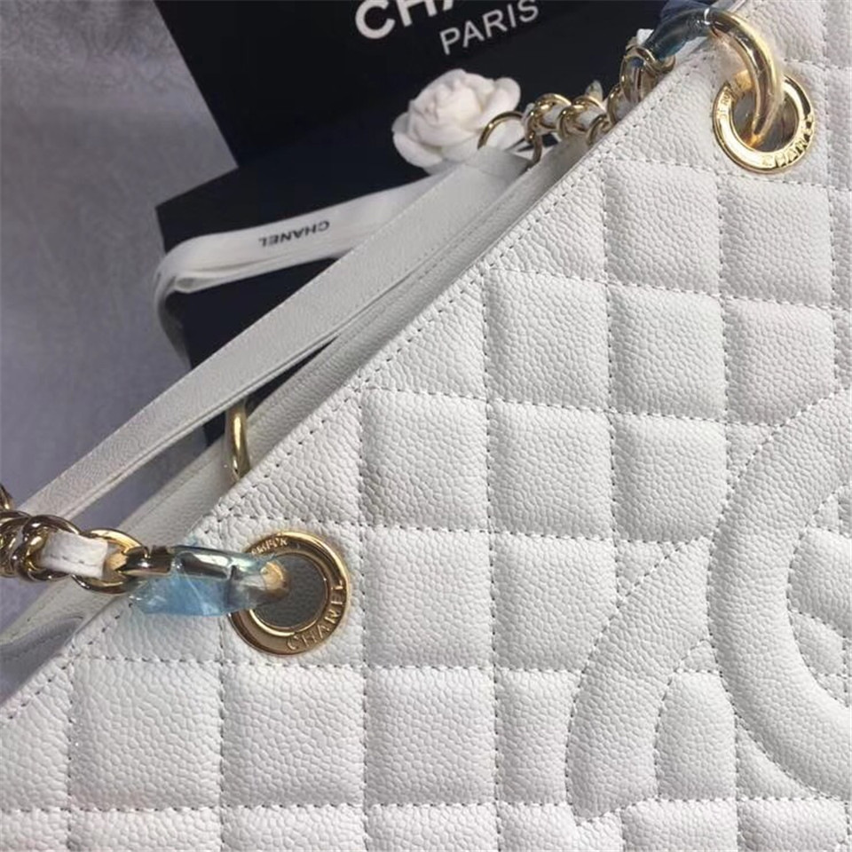 Ch**el original caviar calfskin shopping tote white bag with gold hardware