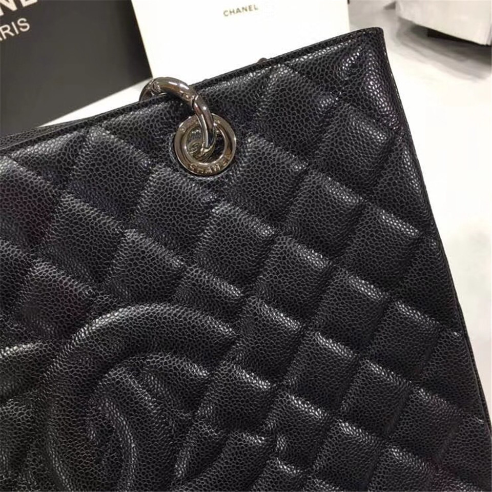 Ch**el original caviar calfskin shopping tote black bag with silver hardware