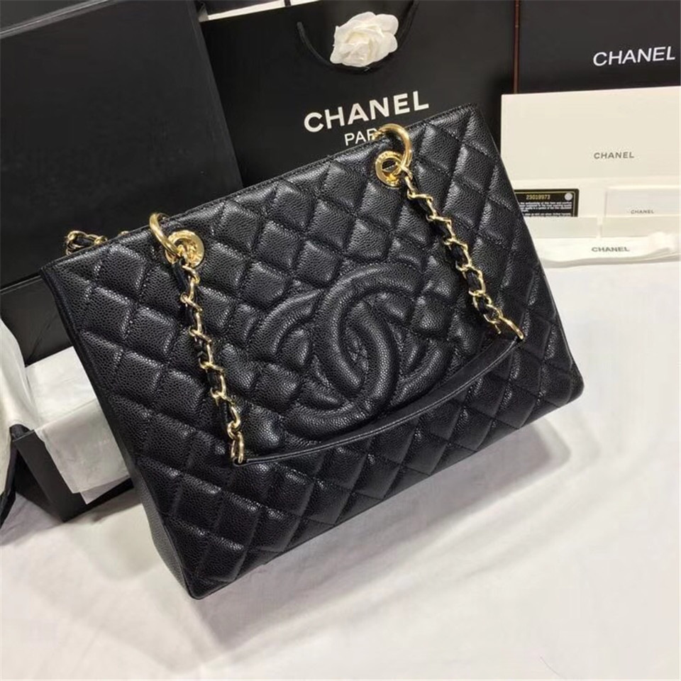 Ch**el original caviar calfskin shopping tote black bag with gold hardware