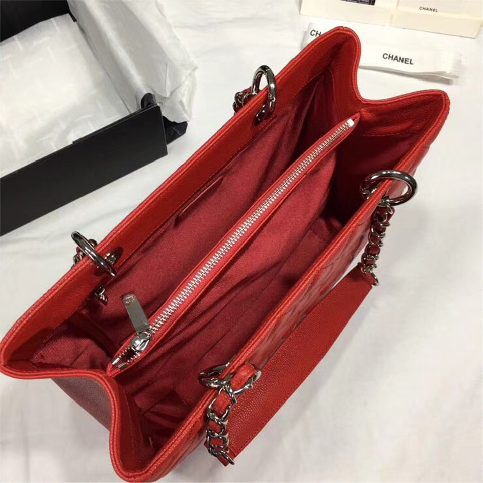 Ch**el original caviar calfskin shopping tote Red bag with silver hardware
