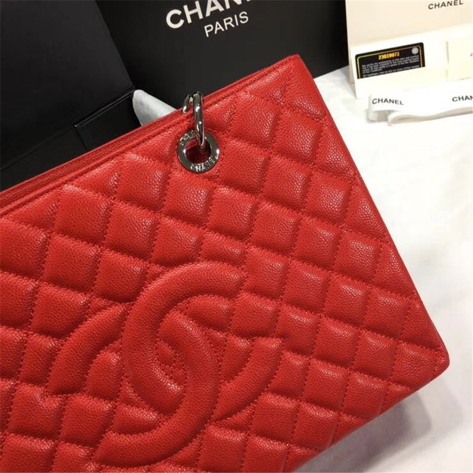 Ch**el original caviar calfskin shopping tote Red bag with silver hardware