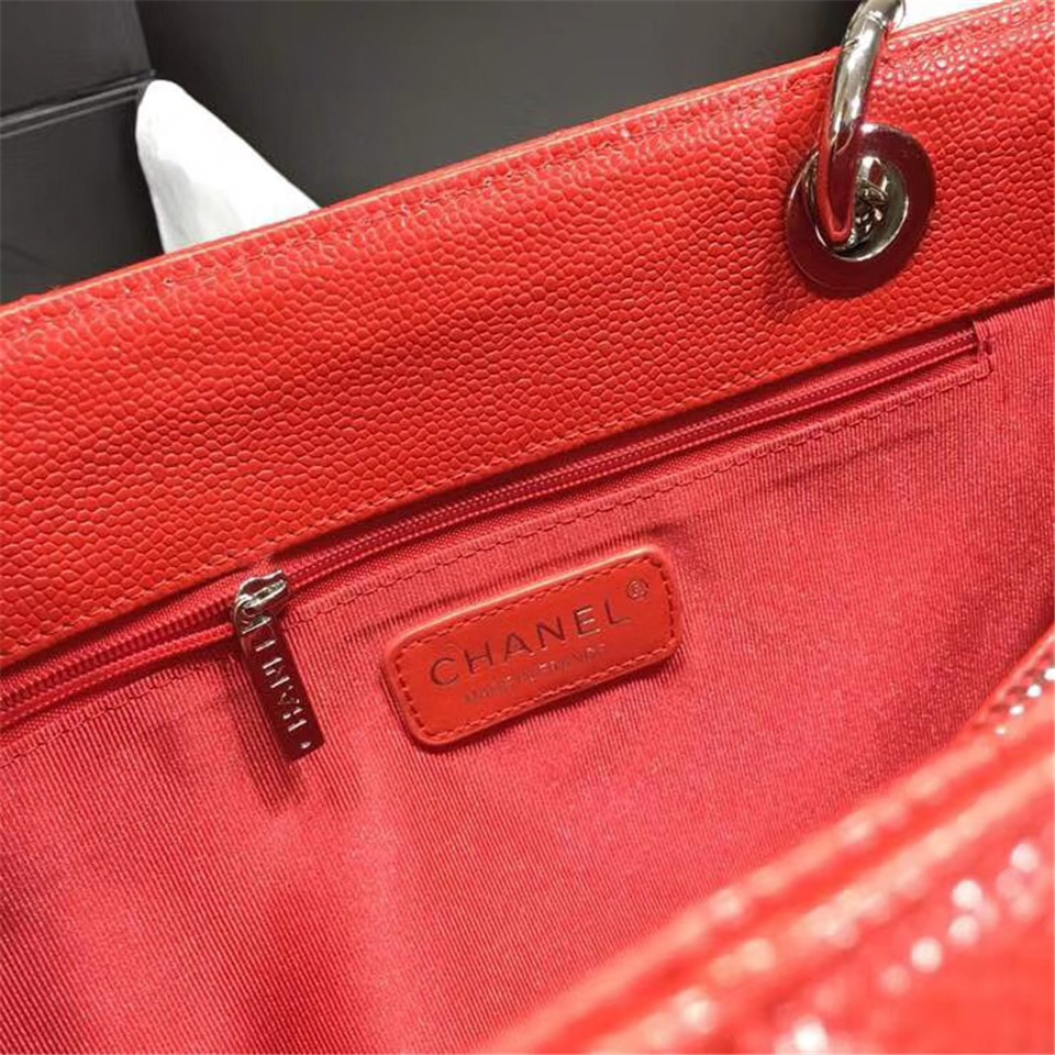Ch**el original caviar calfskin shopping tote Red bag with silver hardware
