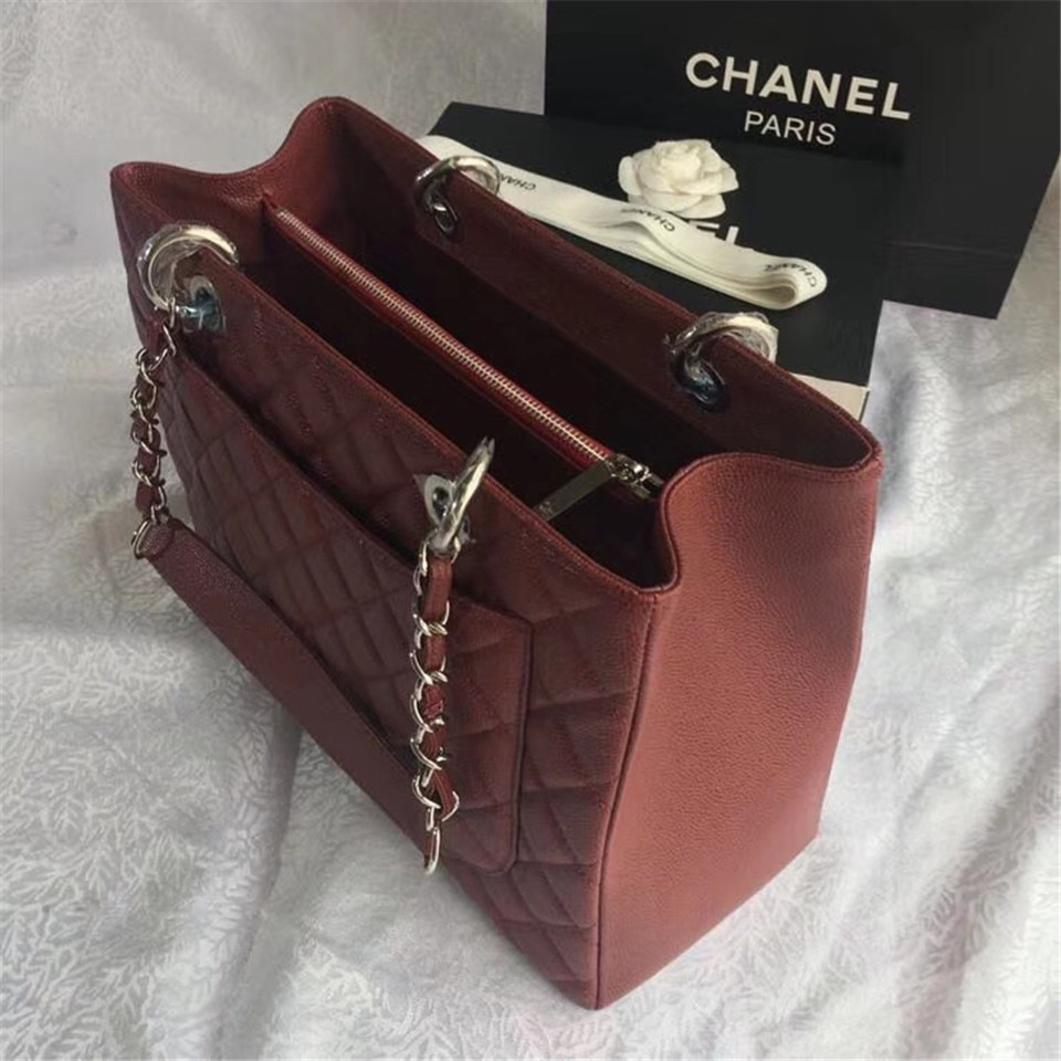 Ch**el original caviar calfskin shopping tote Wine Red bag with silver hardware