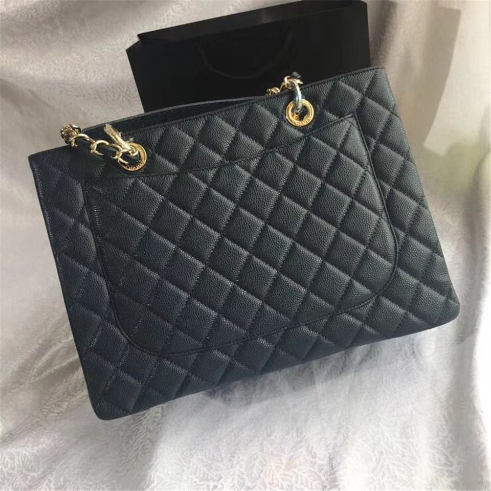 Ch**el original caviar calfskin shopping tote Navy blue bag with gold hardware