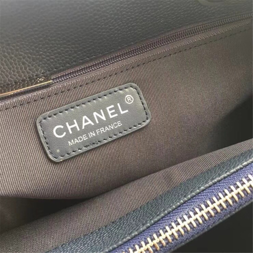 Ch**el original caviar calfskin shopping tote Navy blue bag with silver hardware