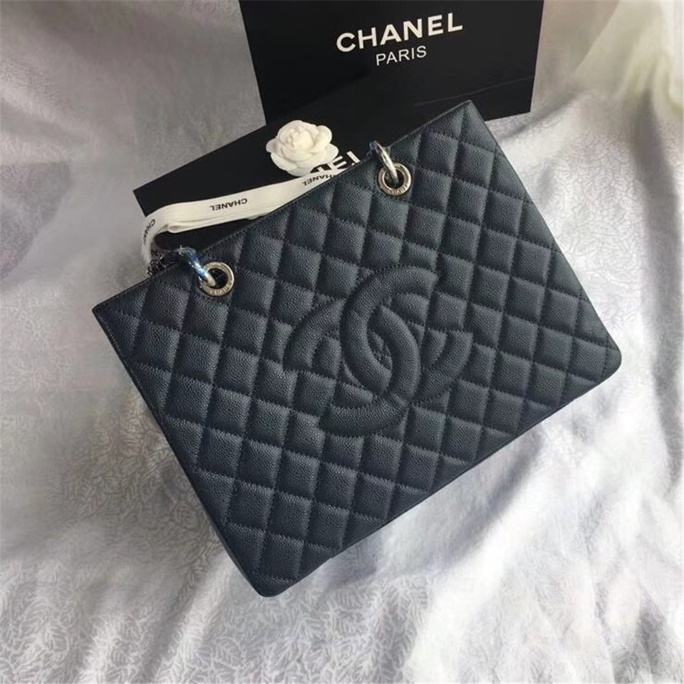 Ch**el original caviar calfskin shopping tote Navy blue bag with silver hardware