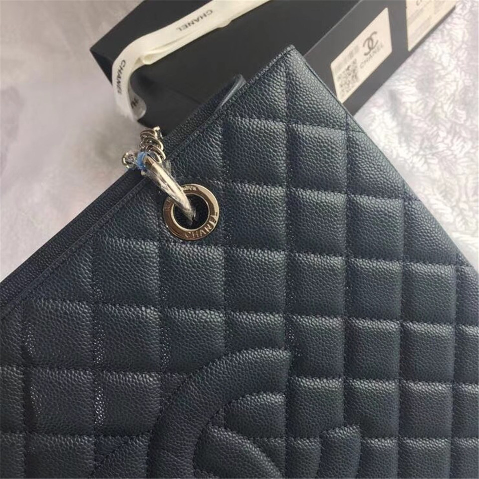 Ch**el original caviar calfskin shopping tote Navy blue bag with silver hardware