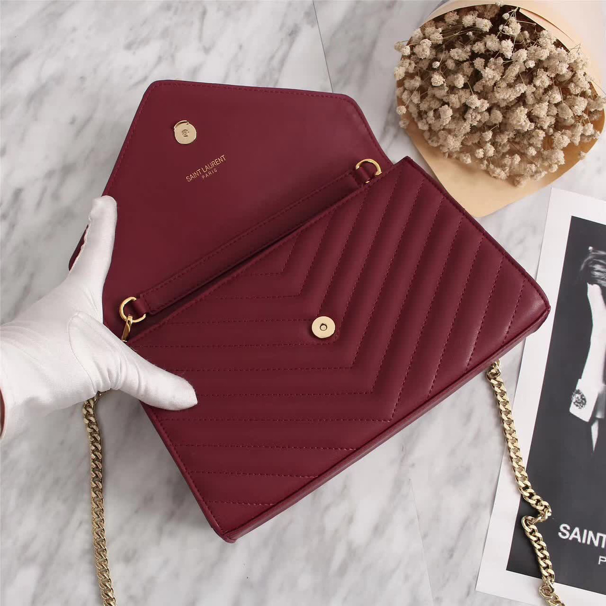 Y51 Leather 30cm Shoulder Bag Golden Chain 26596 Wine Red
