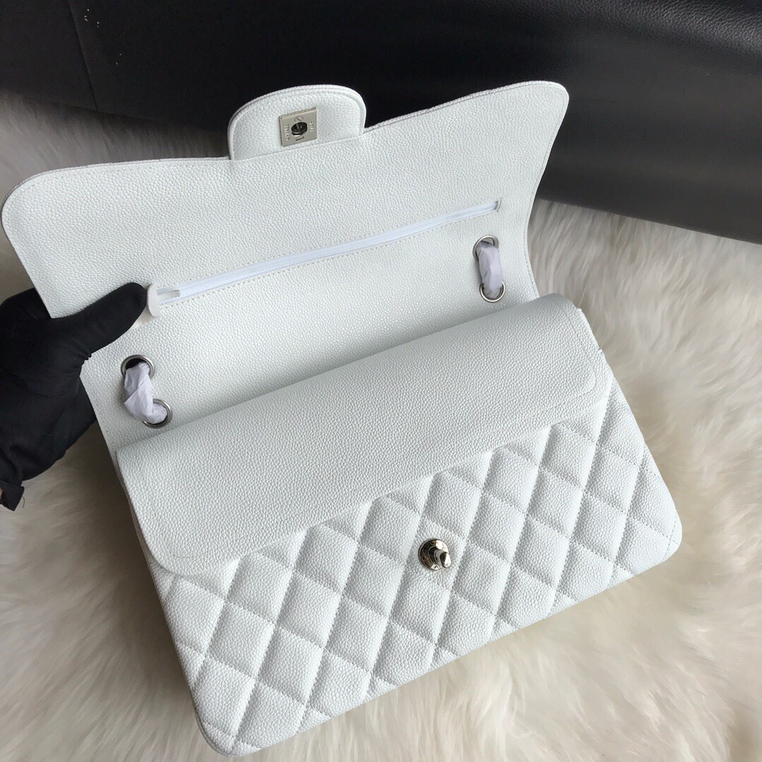 Ch**el Caviar Flap Bag in white 30cm with Silver Hardware