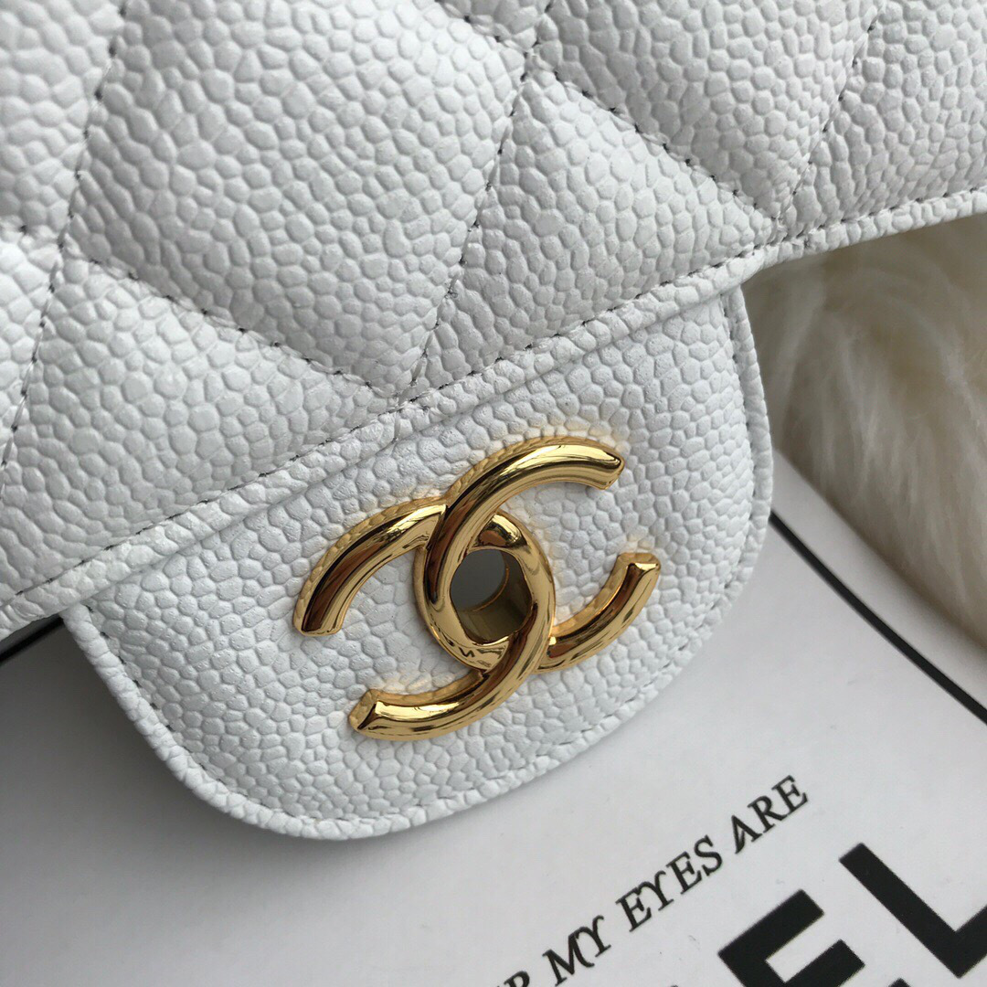 Ch**el Caviar Flap Bag in white 30cm with Gold Hardware