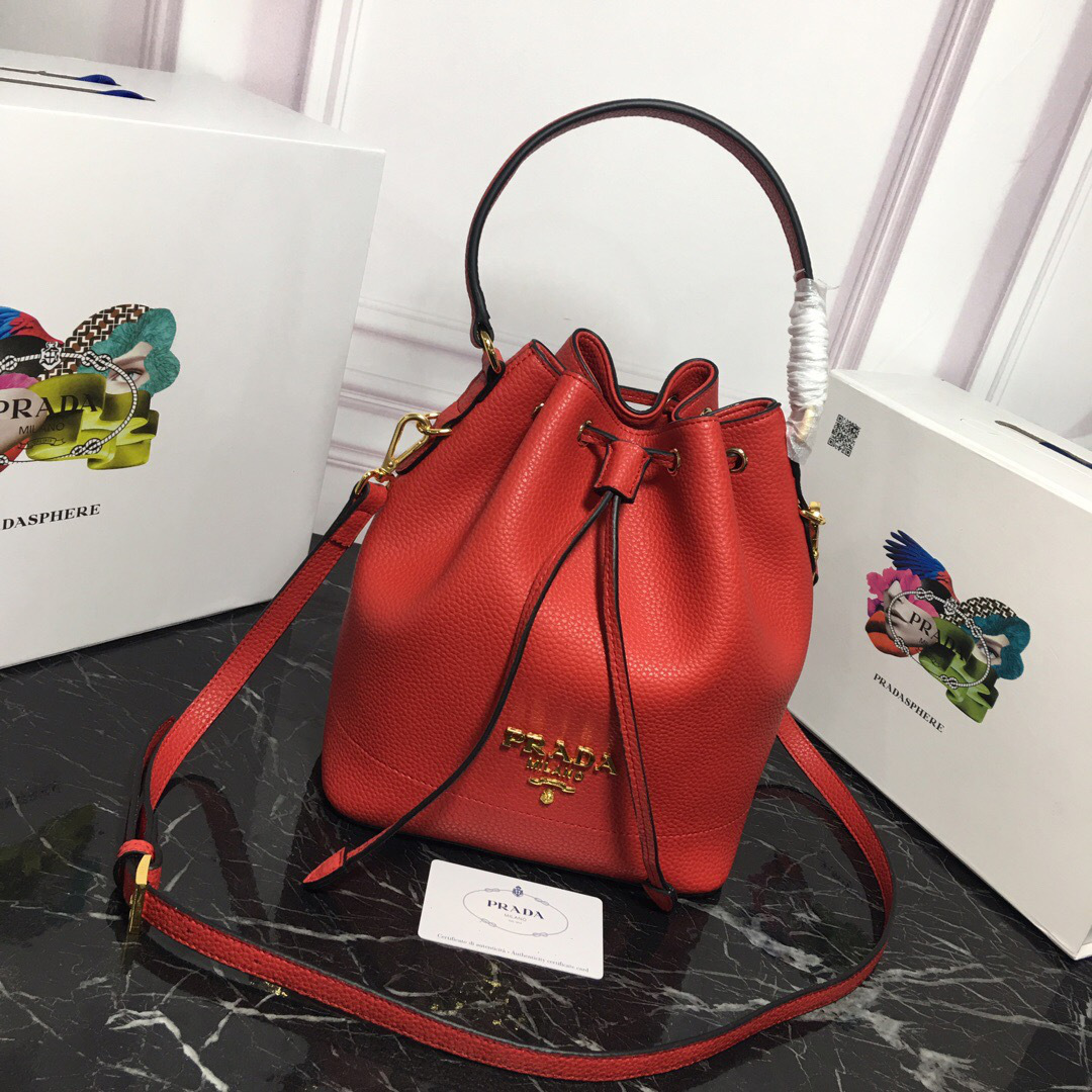 Pra*a Original Calfskin leather Bucket Bag 1BE018 Red