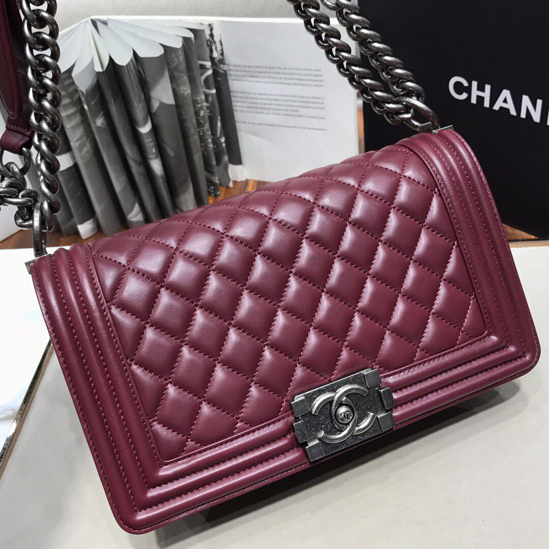 Ch**el Leboy Lambskin Bag in Wine Red with Silver Hardware 67086