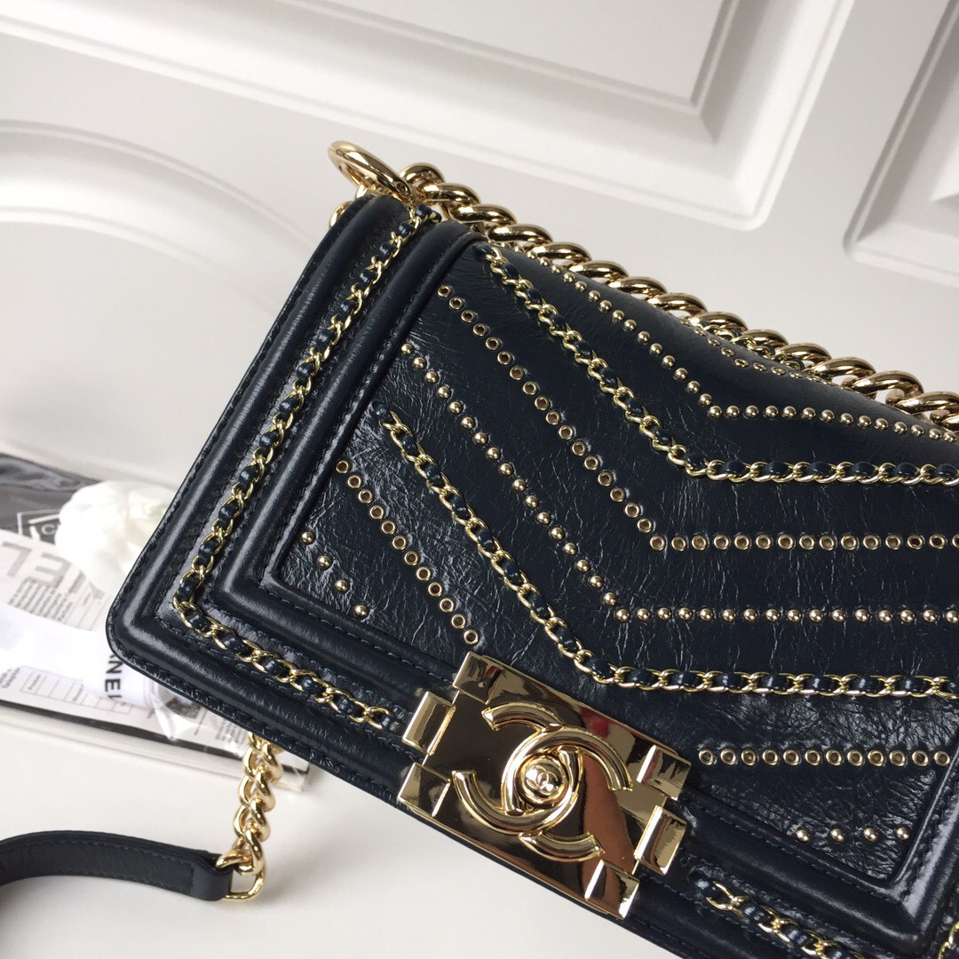 Ch**el leboy calfskin bag in blue with gold hardware 20cm