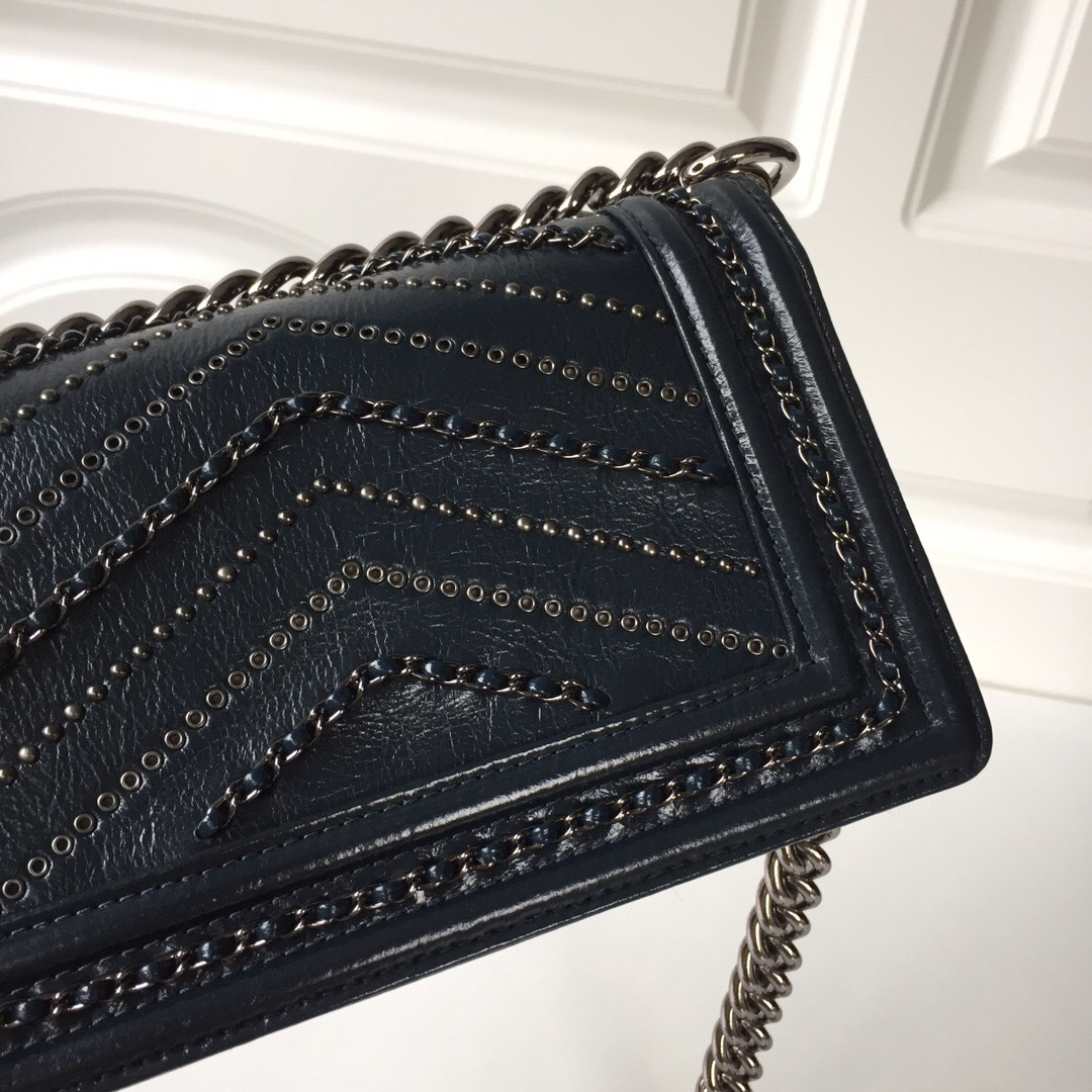 Ch**el leboy calfskin bag in blue with silver hardware 20cm