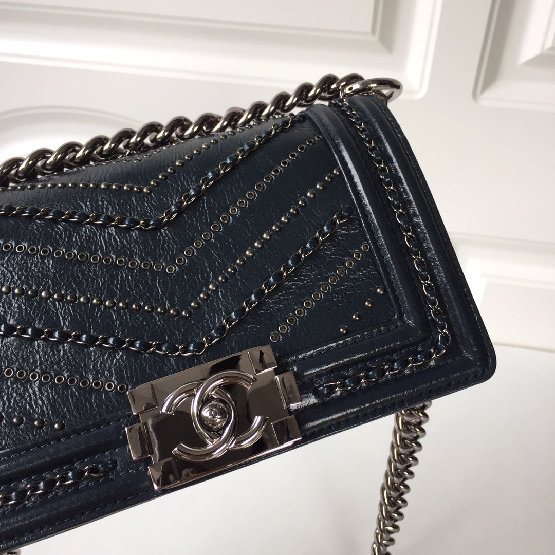 Ch**el leboy calfskin bag in blue with silver hardware 20cm
