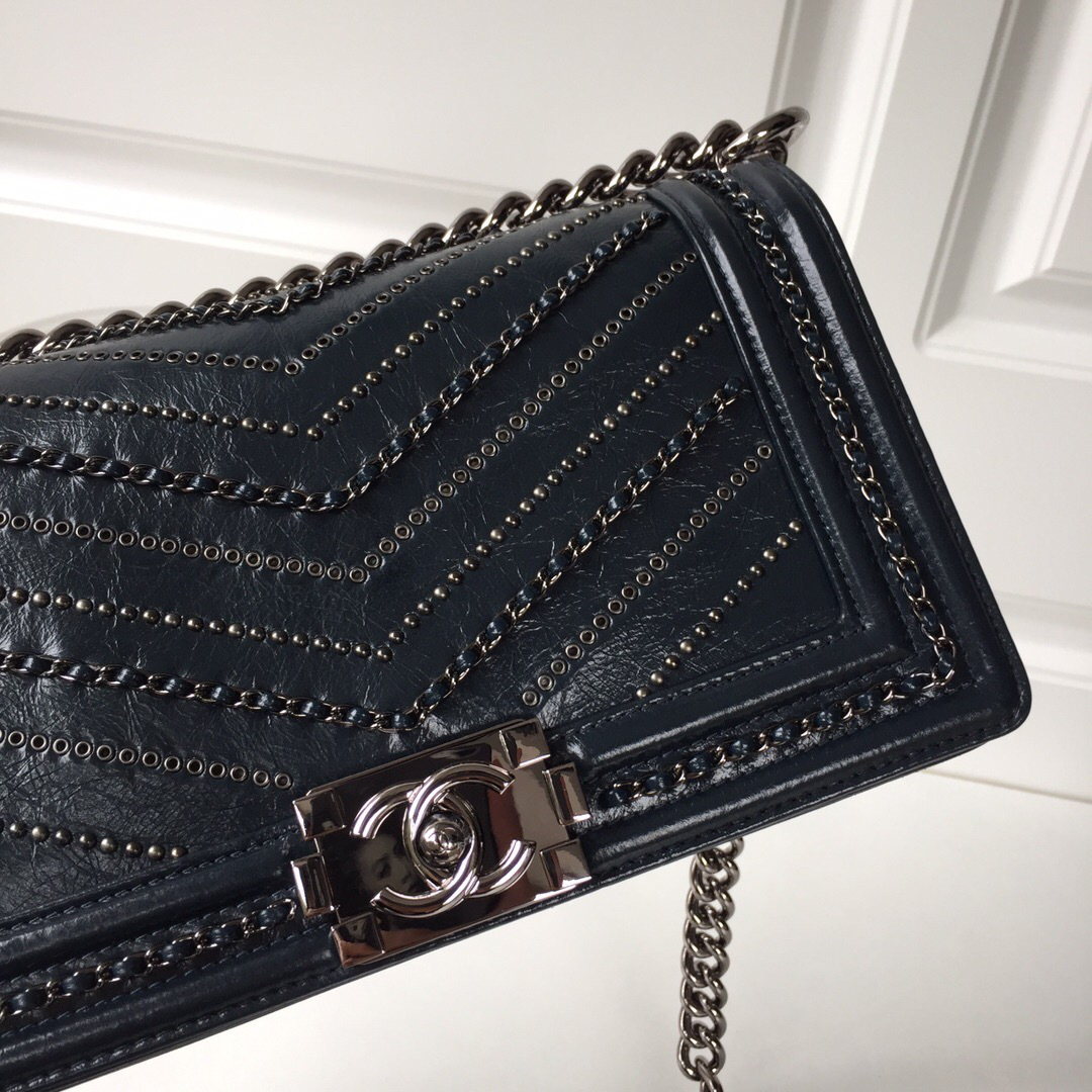 Ch**el leboy calfskin bag in blue with silver hardware 25cm