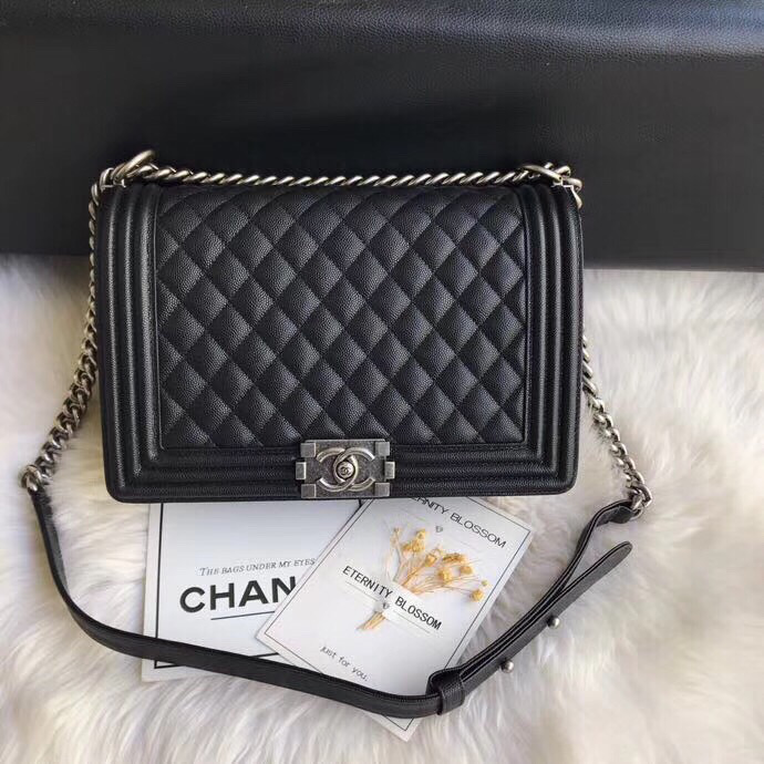 Ch**el leboy calfskin bag in black with silver hardware 28cm