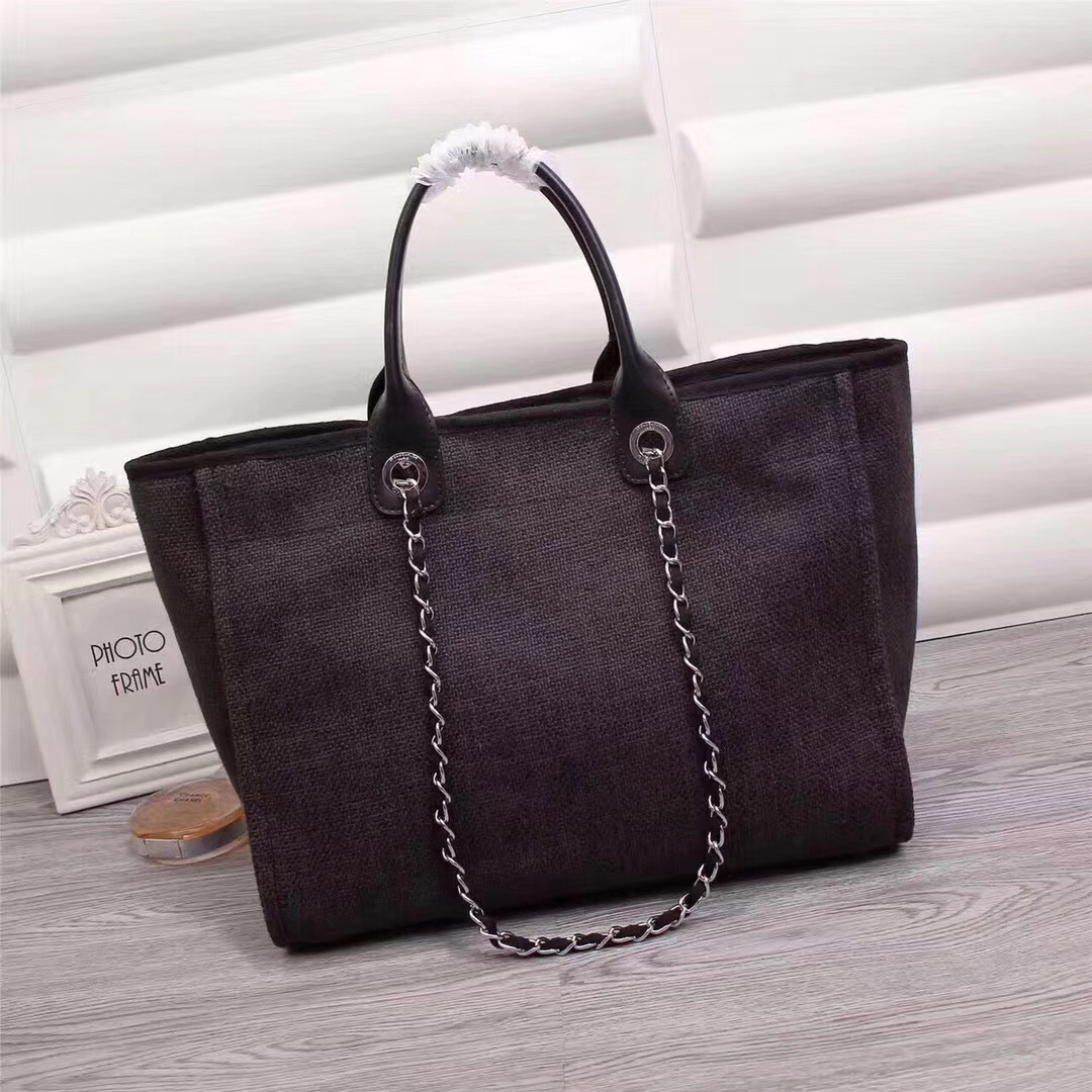 Ch**el Canvas Large Deauville Tote Bag Black A66942
