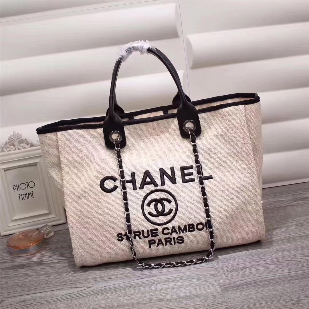 Ch**el Canvas Large Deauville Tote Bag Beige A66942