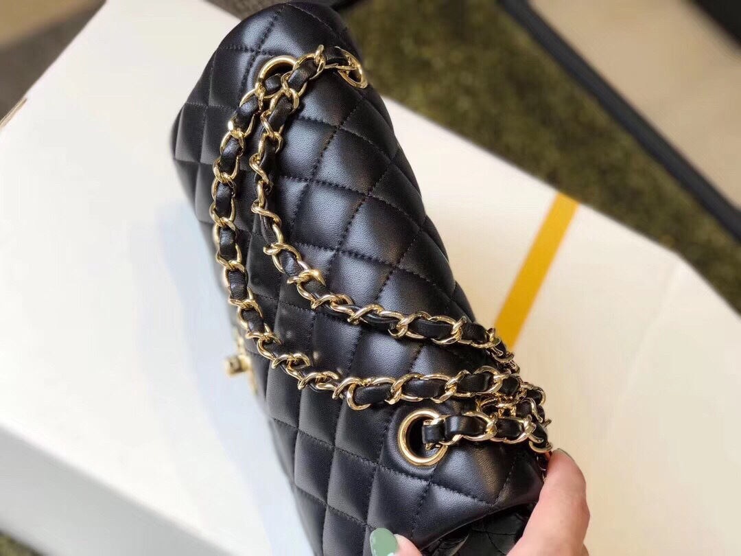 Ch**el Double Flap Bag Lambskin Black with Gold Hardware 23cm Bagsaa