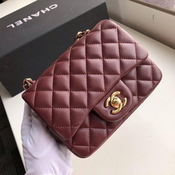 Ch**el Flap Bag Lambskin Gold Hardware Wine Red 17cm Bagsaa