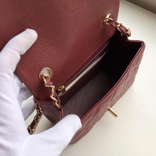 Ch**el Flap Bag Caviar Gold Hardware Wine Red 17cm Bagsaa