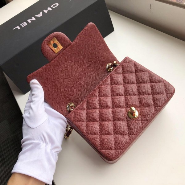 Ch**el Flap Bag Caviar Gold Hardware Wine Red 17cm Bagsaa