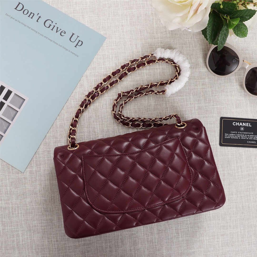 Ch**el Flap Bag 25cm Wine Red Gold Hardware Bagsaa