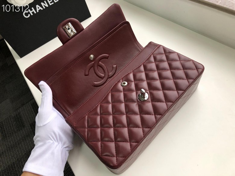 Ch**el Flap Bag 25cm Wine Red Silver Hardware