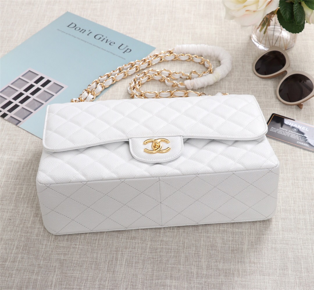Ch**el Flap Bag 1113 30cm Cavier White Gold Hardware
