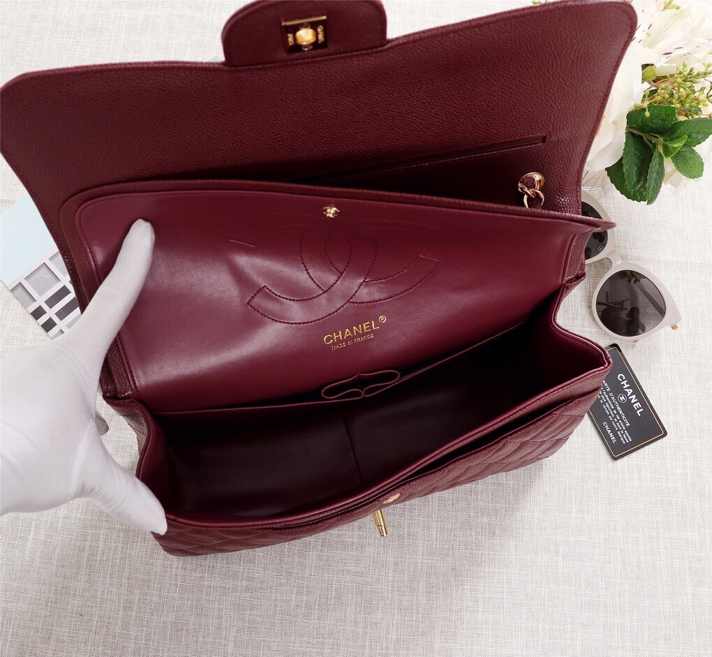 Ch**el Flap Bag 1113 30cm Cavier Wine Red Gold Hardware