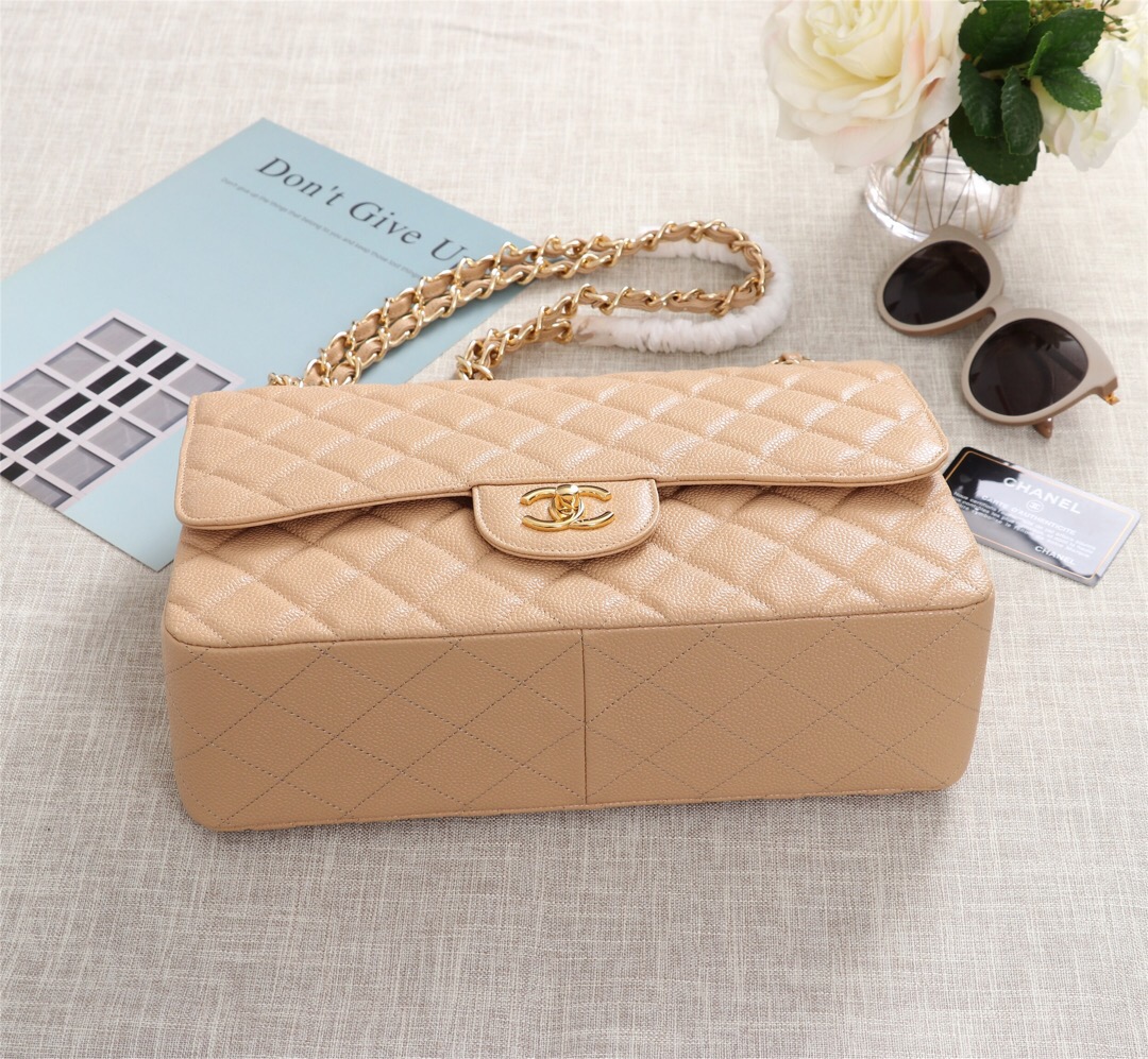 Ch**el Flap Bag 1113 30cm Cavier Apricot Gold Hardware
