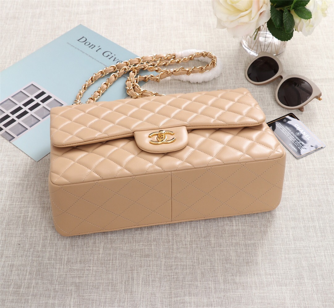 Ch**el Flap Bag 1113 30cm Lambskin Apricot Gold Hardware