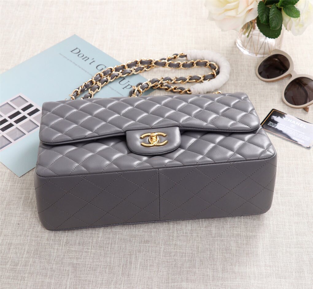Ch**el Flap Bag 1113 30cm Lambskin Gray Gold Hardware