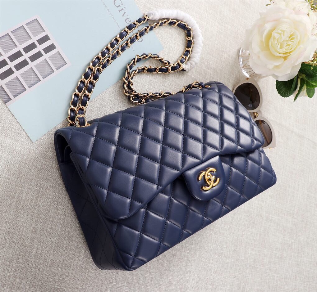 Ch**el Flap Bag 1113 30cm Lambskin Blue Gold Hardware