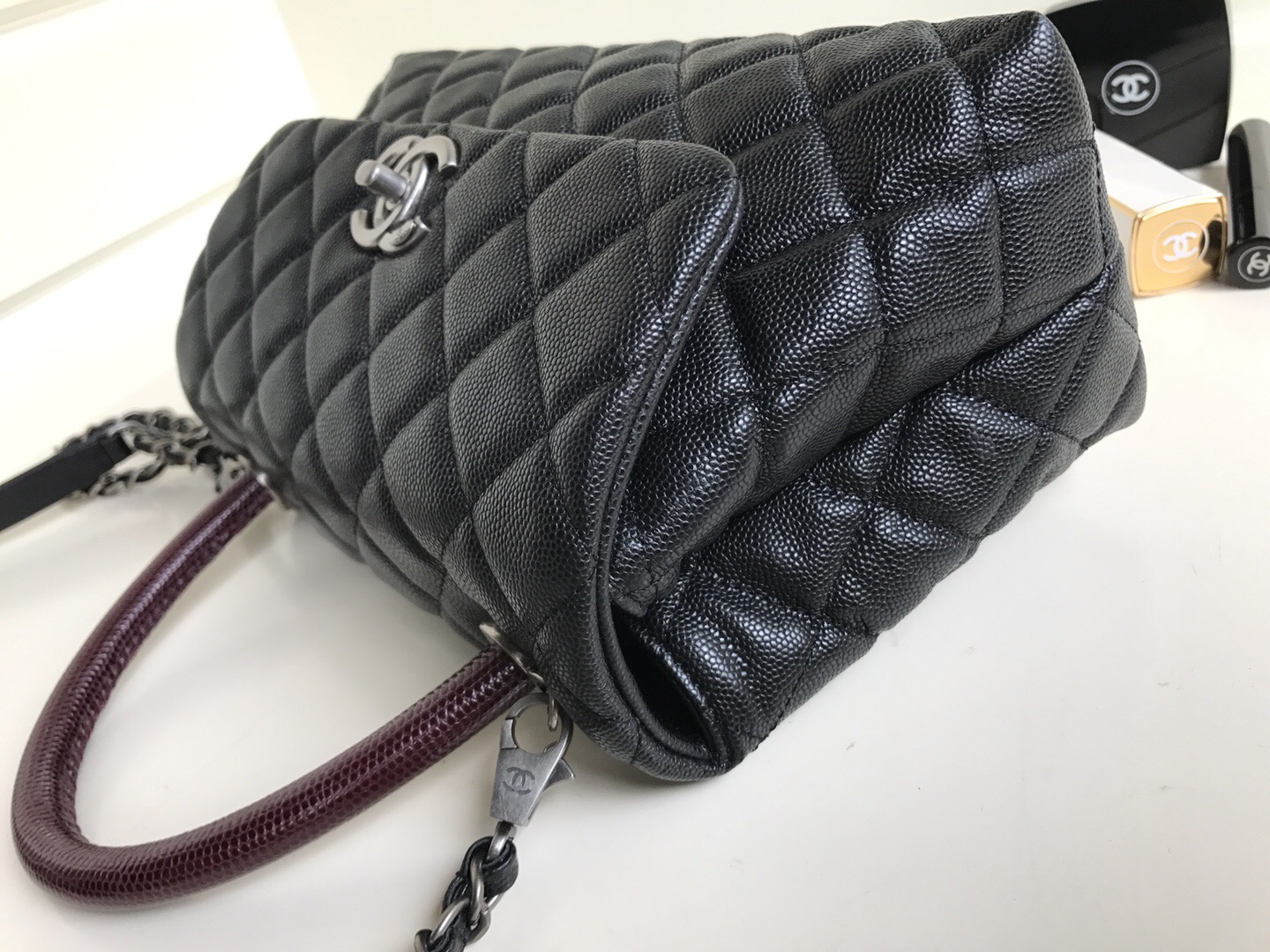 Ch**el Coco Handle Silver Caviar Black 24cm
