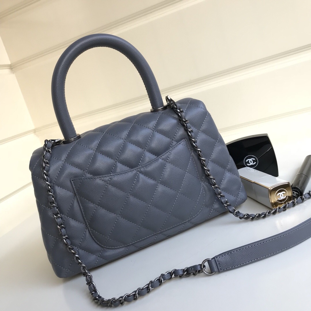 Ch**el Coco Handle Silver Caviar Grey 24 cm