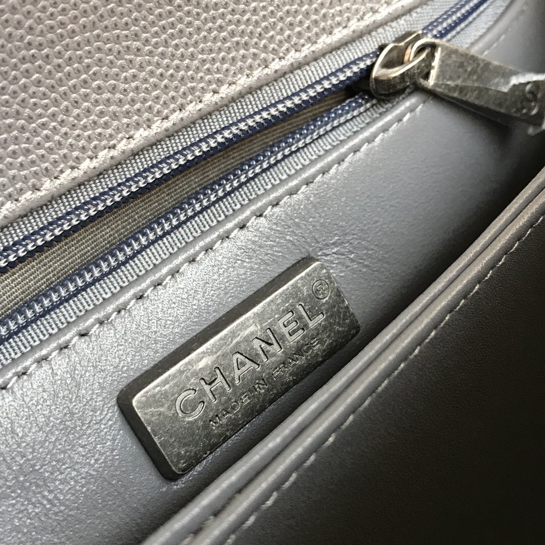 Ch**el Coco Handle Silver Caviar Grey 24 cm