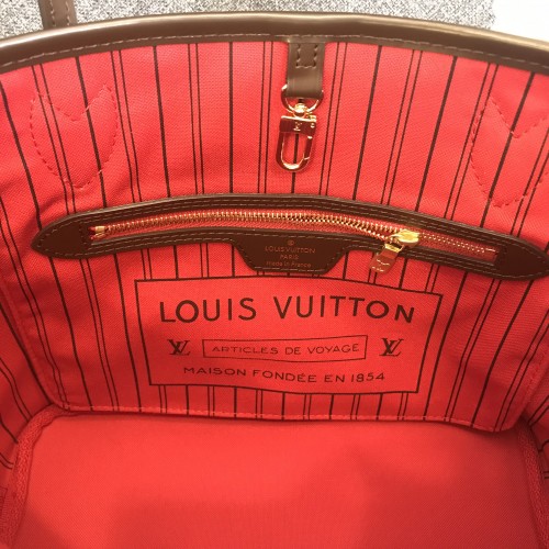 Bagsaaa LV N40600 Neverfull PM Tote Bag Damier Ebene & red - 29cm